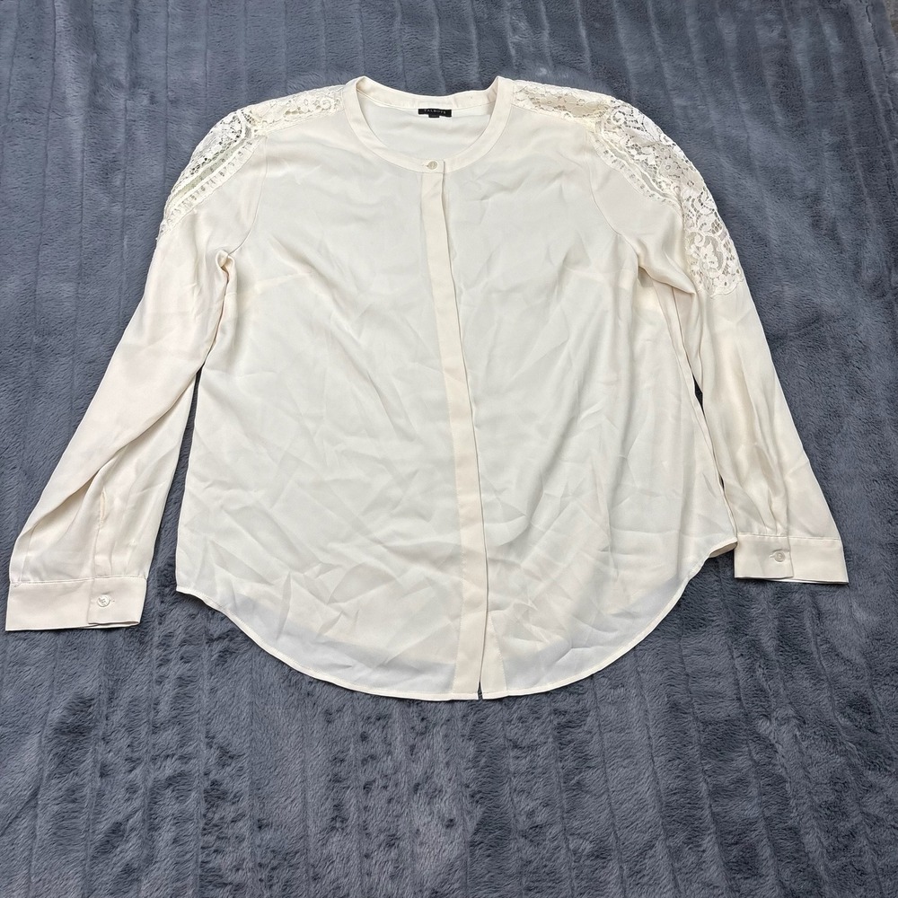 Talbots Ivory Lace Shoulder Long Sleeve Blouse Hidden Button Front Cream Large